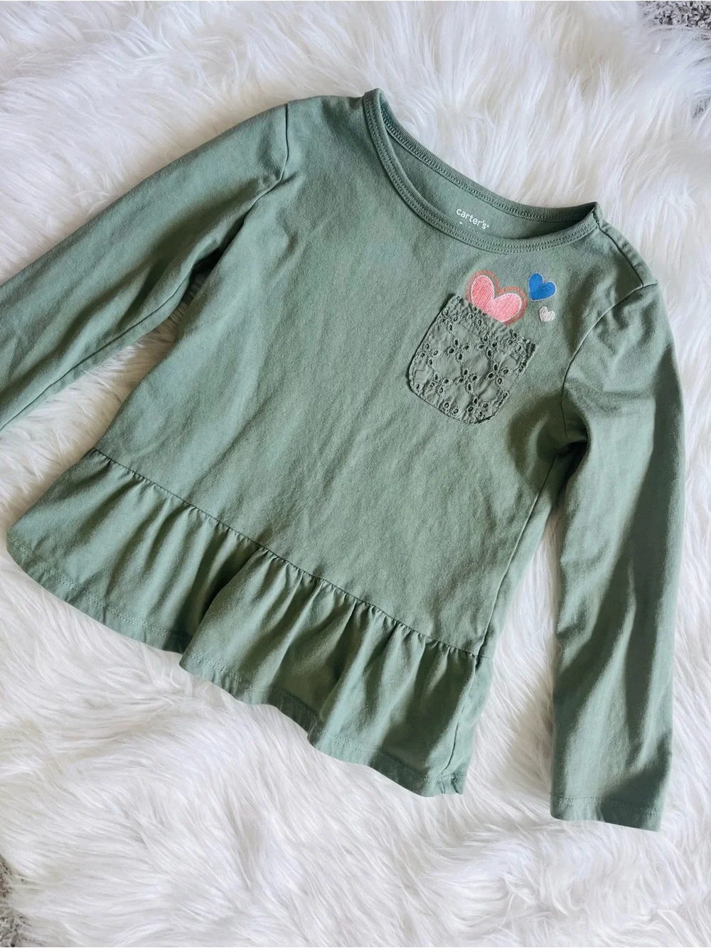Carter's Sage Green Long Sleeve Ruffle Hem Top with Heart Accents
